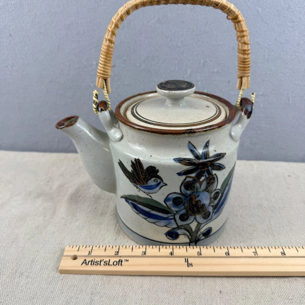 Vintage Tonala Mexican Pottery Tea Set Teapot 3 Cups Bird‎ Floral Burnished